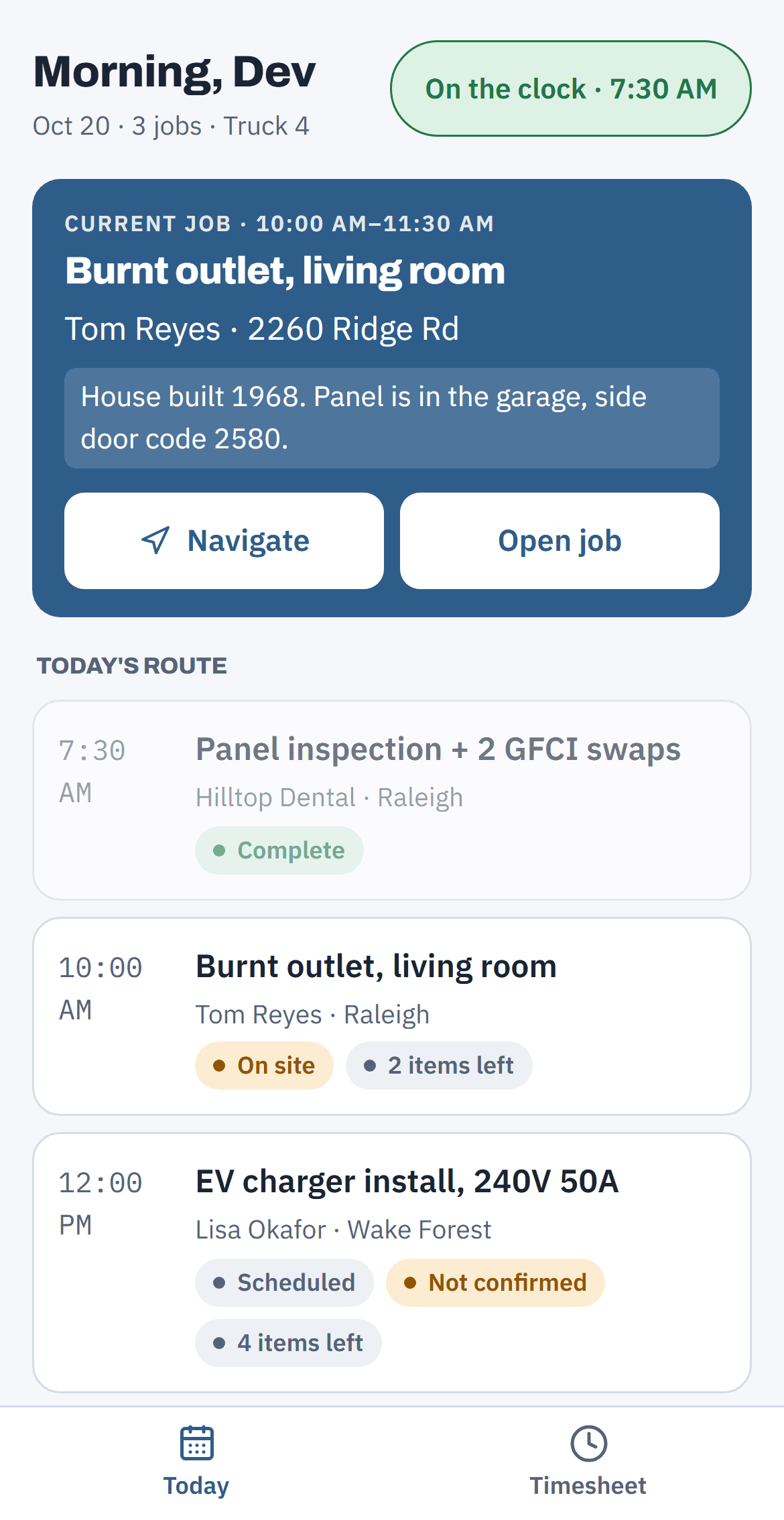 Dev's phone: the burnt outlet he's on, with the note about the panel in the garage, then the rest of his day.